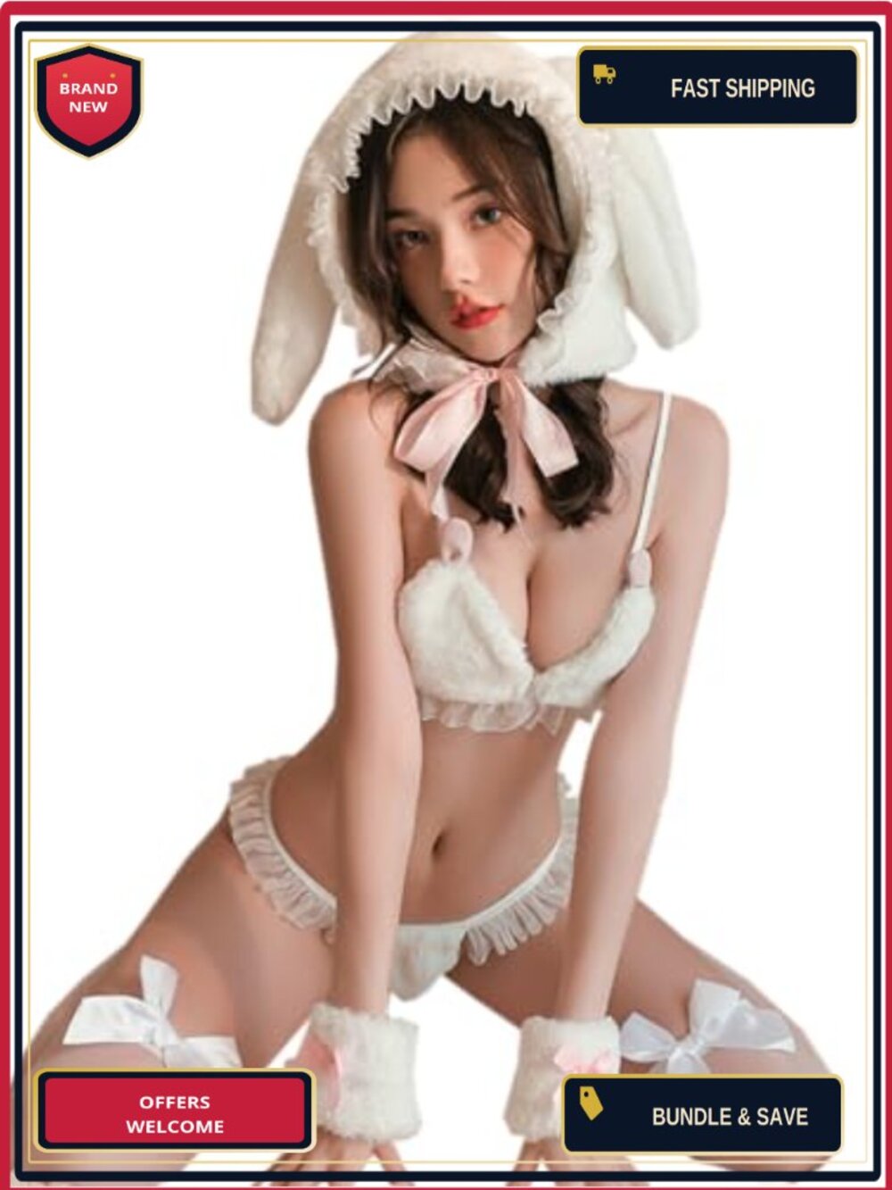 SENJIY Sexy Bunny Girl Costume Set Chiffon Lace Cosplay Lingerie 5-Piece Anime